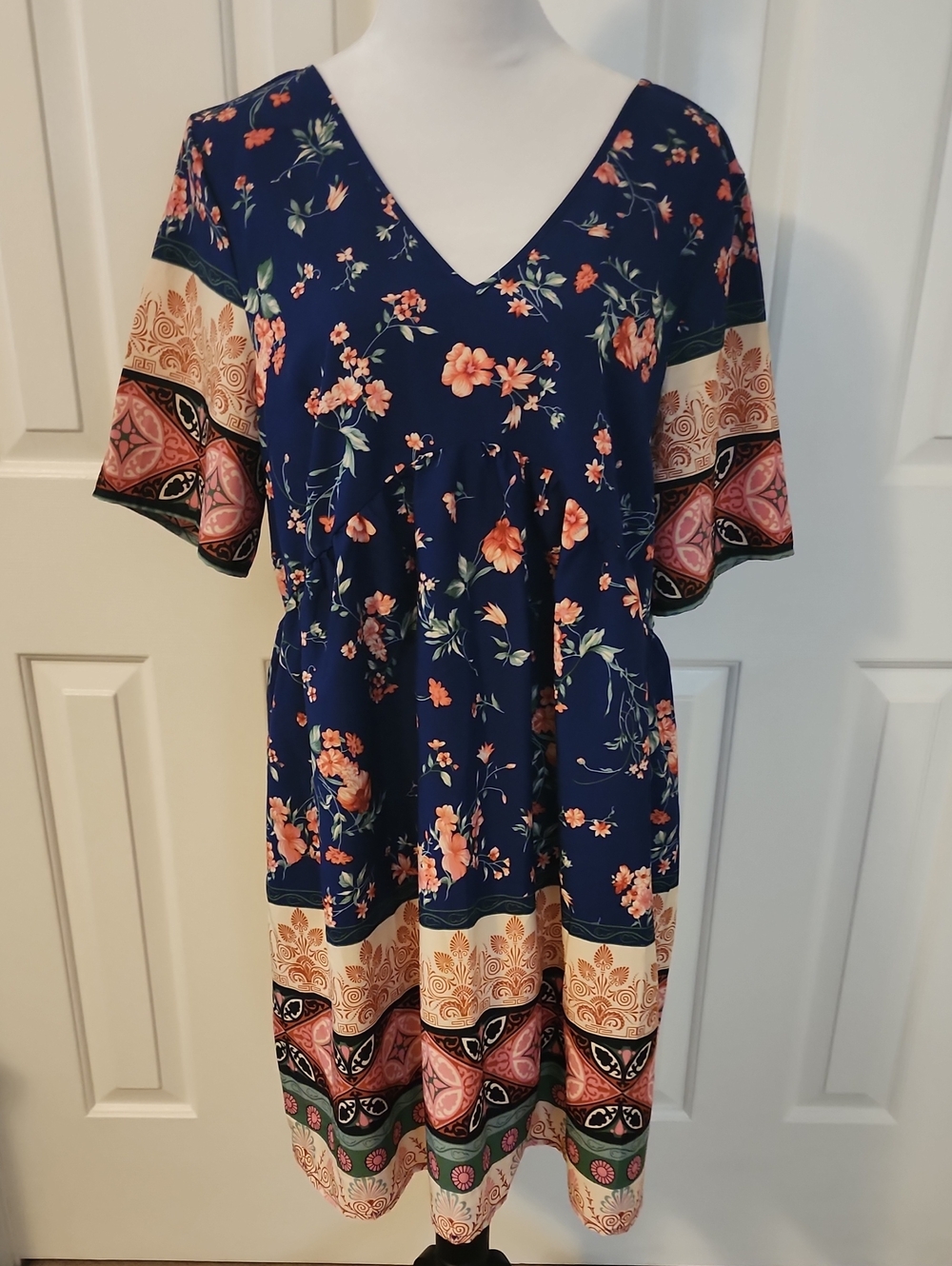 Navy Floral Border Midi Dress with V-Neck